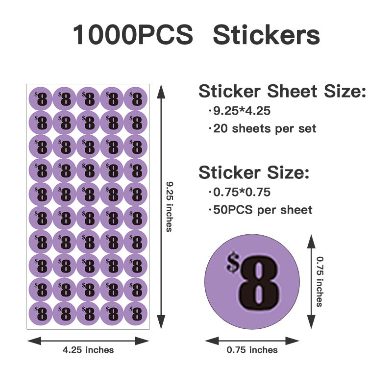 DUGUTUL 1000 pcs $8 Color-Coded Price Stickers for Garage Sale and Flea Market, 3/4"" Diameter - Bold Fonts, Clear Visibility, High Visibility, Easy Organization - Image 2